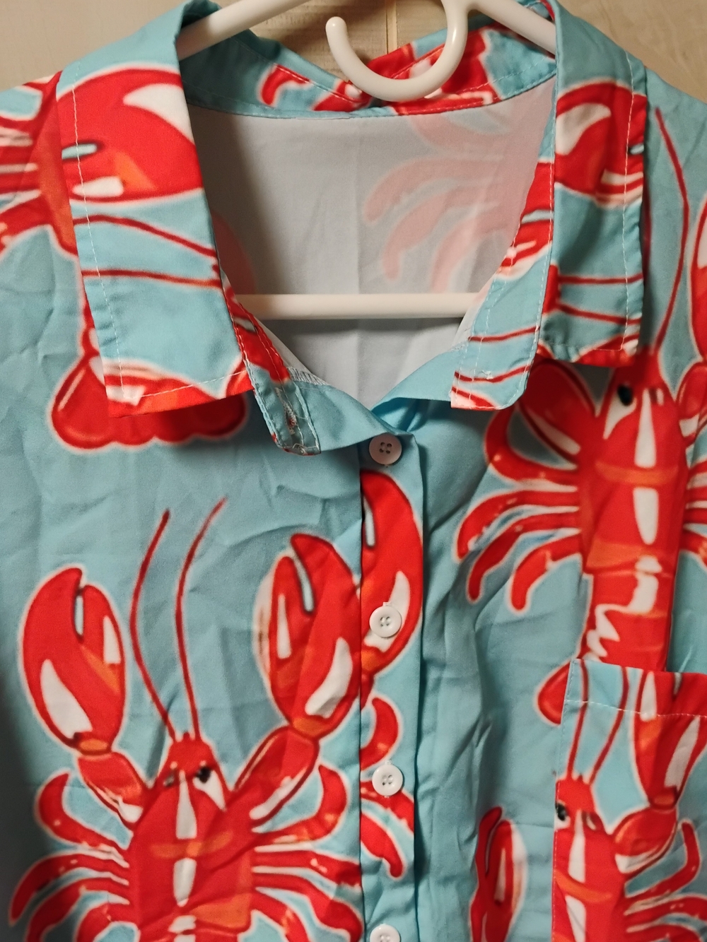 Aqua Red Lobster Print Button-Up Pull over Top
